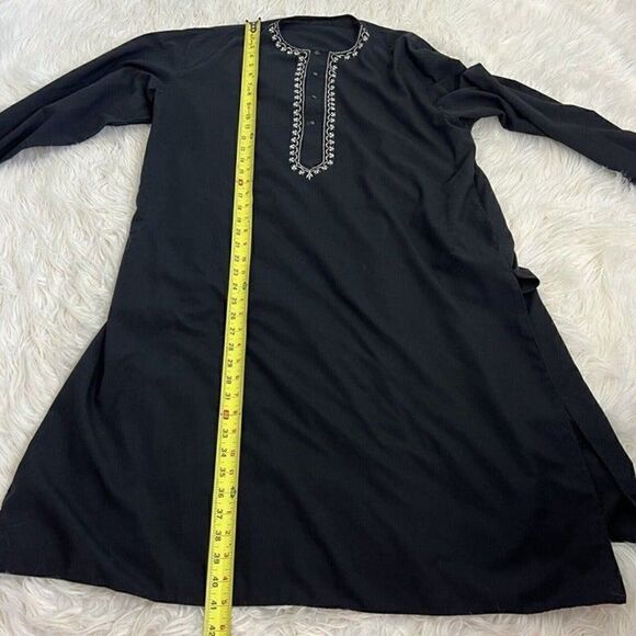 Womens Black Oversized Boho Tunic Top Long Sleeve White Floral Embroidered - Picture 4 of 11